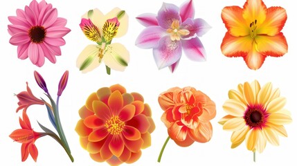 Big Selection of Various Flowers Isolated on White Background. 
