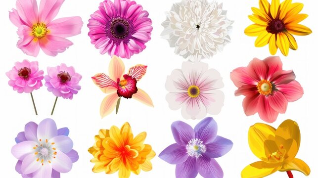 Big Selection of Various Flowers Isolated on White Background. 