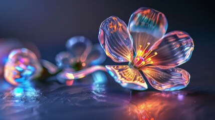 Glass or plastic flower on dark background with beautiful LED light spectrum