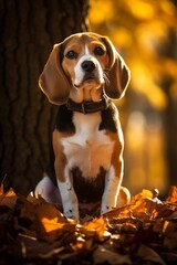 Junger Beagle Hund im Herbst laub in der Natur im Hochformat