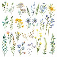 Fototapeta na wymiar A clipart illustration showing various watercolor herbs on a white background.
