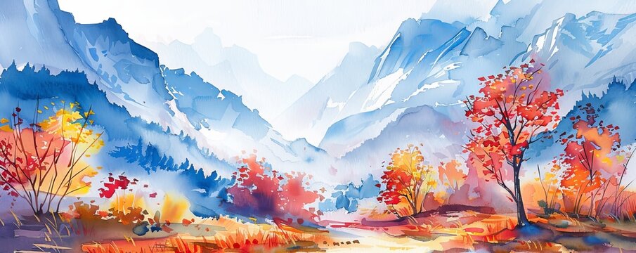 Watercolor of Moutainous and tree, forest in autumn or fall