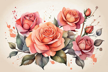 set of rosegold watercolor floral Watercolor flower illustration, pink peony on a white background. Set Peonies flowers