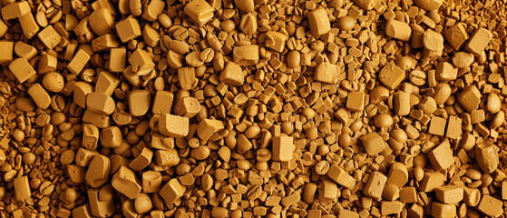 Extreme close up texture of golden instant coffee in detail