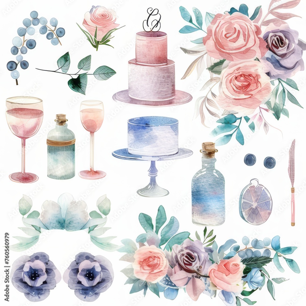 Wall mural A clipart illustration showing watercolor wedding elements on a white background.