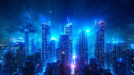 Fototapeta na wymiar Glowing magical fairytale background with modern building, night blue lighting, cityscape