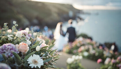 A costal wedding ceremony in Cornwall, England, blurred couple in the background with flowers and plants in the foreground - 760560933
