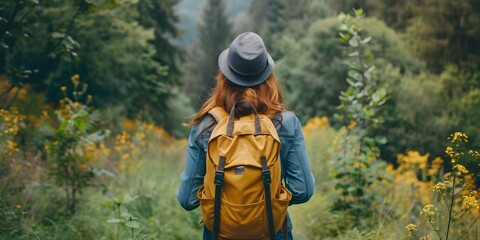 Naklejka premium A woman wearing a yellow backpack is walking through a forest
