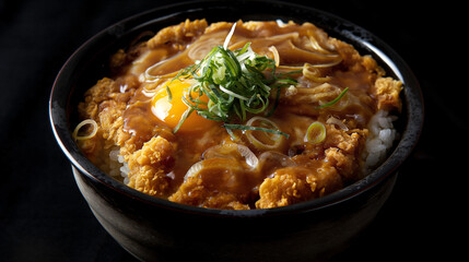 Close up Japanese style Katsudon sits on a Japanese style Bowl and topping by chopped spring onion and yolk