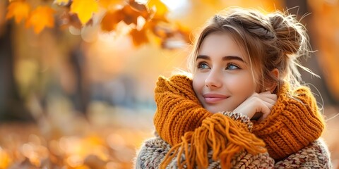 A woman wearing a yellow scarf and a blue shirt is smiling. The image has a warm and cozy feeling,...