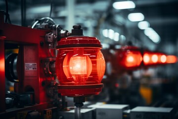 Detailed view of a bright red indicator light on an intricate piece of machinery in a bustling factory setting - obrazy, fototapety, plakaty