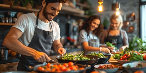 A man is cooking in a kitchen with three other people. The man is wearing an apron and smiling. The kitchen is filled with various bowls