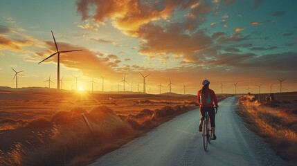A cyclist riding past a row of wind turbines at sunset
