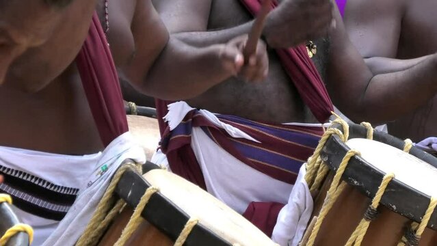 Artists performing Chendamelam, a traditional South Indian percussion orchestra