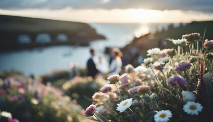 A costal wedding ceremony in Cornwall, England, blurred couple in the background with flowers and plants in the foreground - 760561307