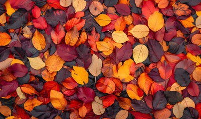 Vibrant mulberry leaves in shades of red, orange, and yellow are dispersed on the ground,...