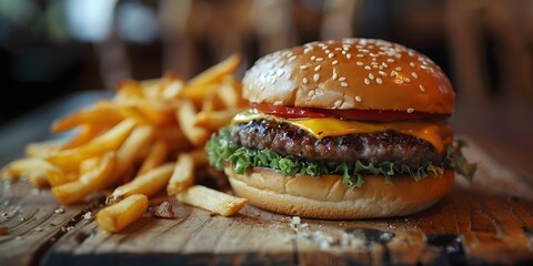 A hamburger with cheese and a side of french fries. The burger is on a wooden table