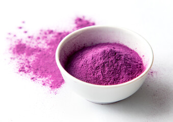 Organic Purple Sweet Potato Powder. Natural Food Coloring. Superfood Concept.