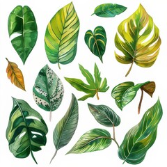 A clipart illustration showing various watercolor tropical leaves on a white background.