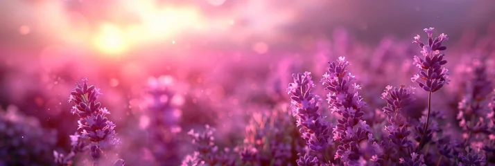 Poster pink and purple  Lavender field background on blurred background, banner , copy space © Planetz