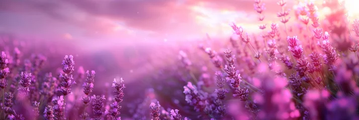 Fototapeten pink and purple  Lavender field background on blurred background, banner , copy space © Planetz