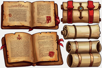 Isometric old book of magic spells and witchcraft with torn pages for computer game. Fairy tale icon in cartoon style. 3d isolated vector illustration.