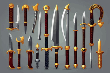 ui set vector illustration of a set of sword combat items of a knight isolated on white background
