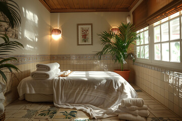 A simple bedroom featuring a bed and a small potted plant in a pot, massage room