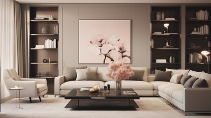Cream Walls with Charcoal Gray and Soft Pink Accents in the TV Lounge.