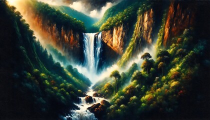 Oil Painting Landscape of Dudhsagar Falls in Goa, India - obrazy, fototapety, plakaty