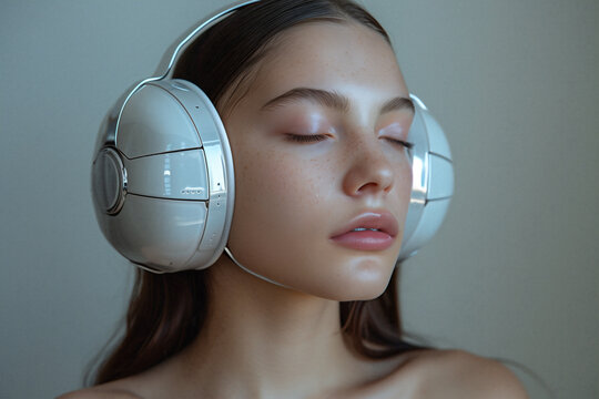 A woman with her eyes closed wearing headphones