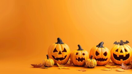Halloween background. Halloween pumpkins on orange background. Copy space