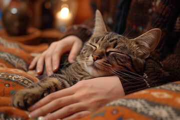 A woman sitting on a couch petting a cat with a massage