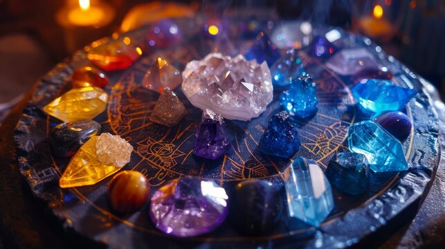 Healing chakra crystal grid therapy. Rituals with gemstones for wellness, healing, meditation, destress, relaxation, mental health, spiritual practices. Energetical power concept