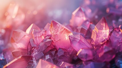 Healing reiki chakra crystals therapy. Alternative rituals with pink quartz for wellbeing, meditation, relaxation, mental health, spiritual practices. Energetical power concept - obrazy, fototapety, plakaty