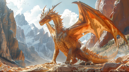 Brown dragon with a fierce look. The dragon is in a mountainous ravine. The dragon has a spiky tail - obrazy, fototapety, plakaty