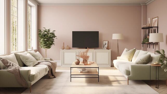 Cream Walls with Dusty Rose and Sage Green Accents in the TV Lounge.
