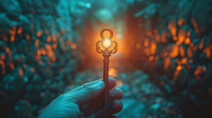 Hand holding an antique key before a shimmering dimensional gateway - obrazy, fototapety, plakaty
