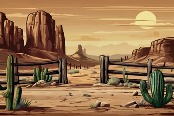 A desert gate landscape cartoon in the wild west - obrazy, fototapety, plakaty