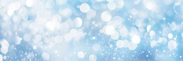 light blue background with white glitter and bokeh, shiny snowflakes falling, sparkling, blurred, shimmering.blue white bokeh blur circle variety Dreamy soft focus wallpaper backdrop,banner - obrazy, fototapety, plakaty