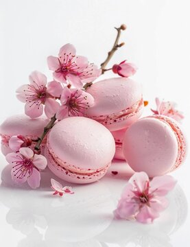 Cover with pink macaroons in a cup. Light floral background. Dessert for mother's day or birthday. Sweet treat concept. Beautiful background for card, invitation, banner, for menu. 