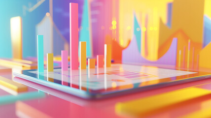 A 3D close-up of dynamic, colorful graphs and charts floating above a tablet, symbolizing e-commerce analytics, with copy space on the left