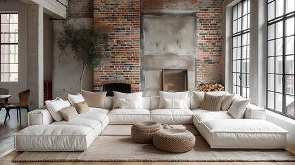 Living room interior design in loft style, with brick walls, white sofa with pillows and modern fireplace