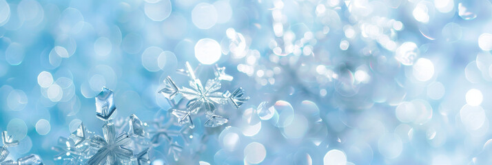 light blue background with white glitter and bokeh, shiny snowflakes falling, sparkling, blurred, shimmering.blue white bokeh blur circle variety Dreamy soft focus wallpaper backdrop,banner