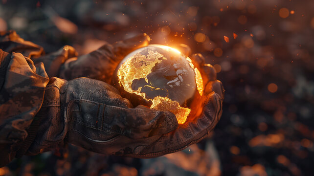 A pair of rugged, 3D-rendered worker's gloves holding a glowing globe, symbolizing the global impact and unity of labor, Clean, 3D Render, Close Up,