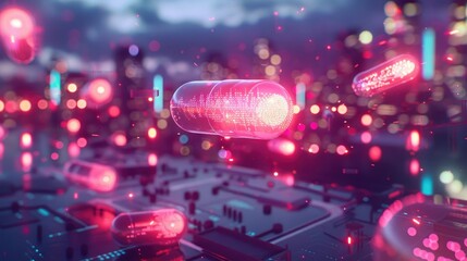 A 3D concept of glowing futuristic pills floating above a digital landscape
