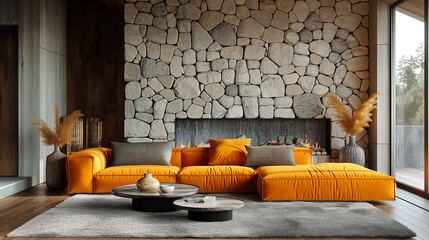 Interior design of a country house with a modern living room with a coffee table near a yellow sofa on the background of a stone wall with a fireplace
