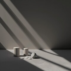 A minimalist 3D setup with pills casting long shadows creating a dramatic and moody atmosphere