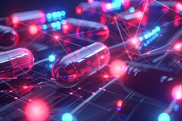 An abstract 3D composition of capsules connected by glowing lines representing networked healthcare solutions - obrazy, fototapety, plakaty
