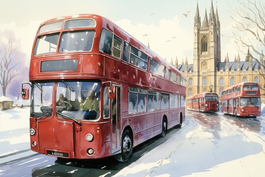 Vintage london bus poster, golden age glamour style, inclement weather watercolor on large canvas